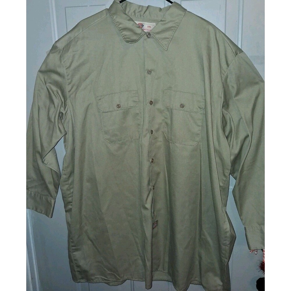 Dickies Men's 3XL Long Sleeve Work Shirt Khaki Brown Button Up Dual Flap Pockets